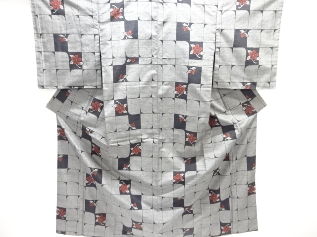 JAPANESE KIMONO / TSUMUGI / WOVEN GRID & FLOWER